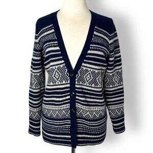 Madewell Fair Isle Stripe V Neck Button Cardigan Merino Wool Size S Blue Ivory